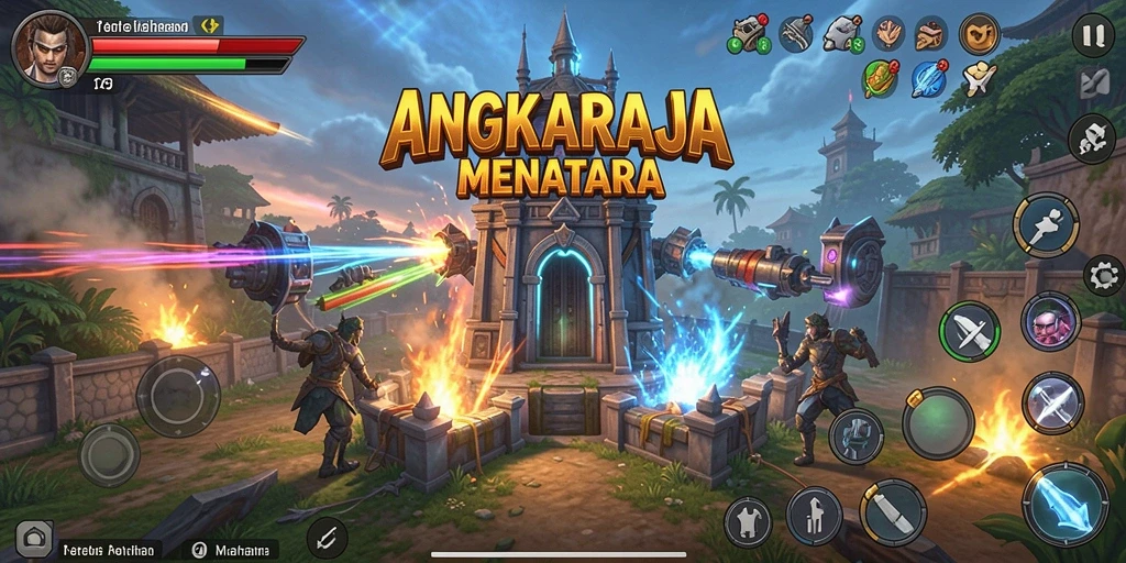 Tangkapan layar gameplay <strong>ANGKARAJA</strong> menunjukkan aksi menara yang mendebarkan.