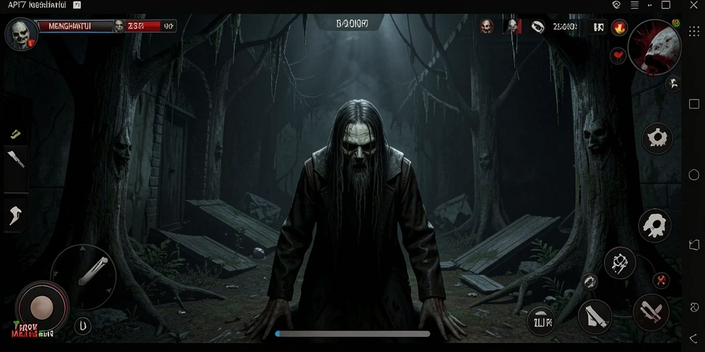 Screenshot menunjukkan momen tegang saat pemain menghadapi monster dalam kegelapan.