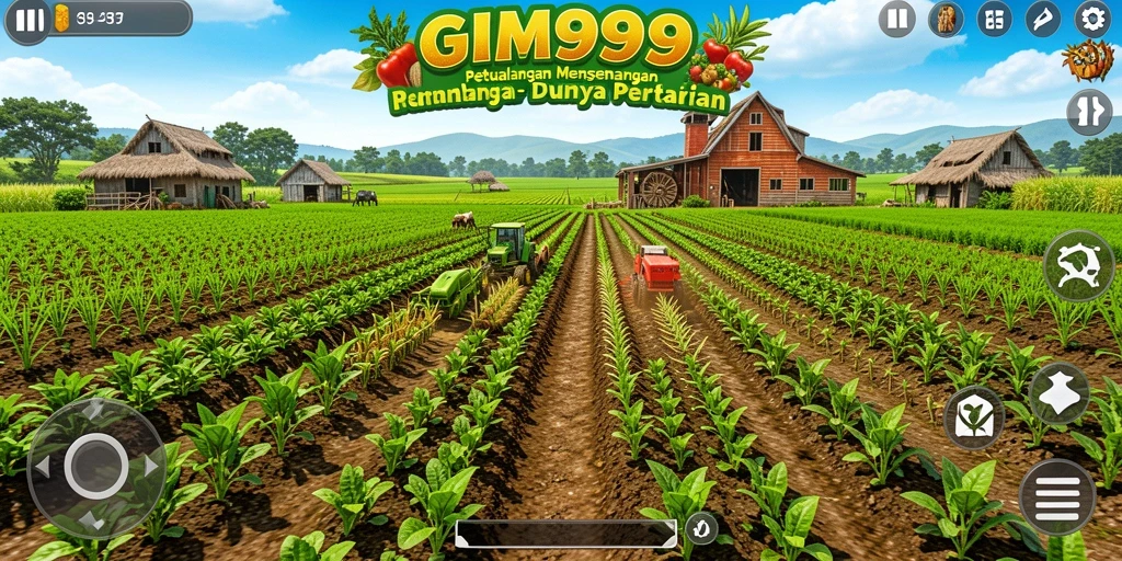 Tangkapan layar gameplay GIM999 yang menampilkan ladang yang subur dan aktivitas bertani.