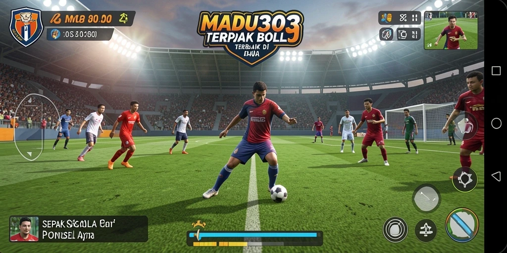 Tangkapan layar utama MADU303 menampilkan aksi pertandingan sepak bola yang mendebarkan.
