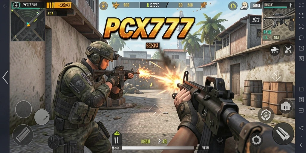 Tampilan gameplay PCX777 dengan aksi tembak-menembak yang intens.