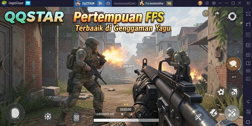 Screenshot gameplay QQSTAR menampilkan pertempuran seru di arena FPS.