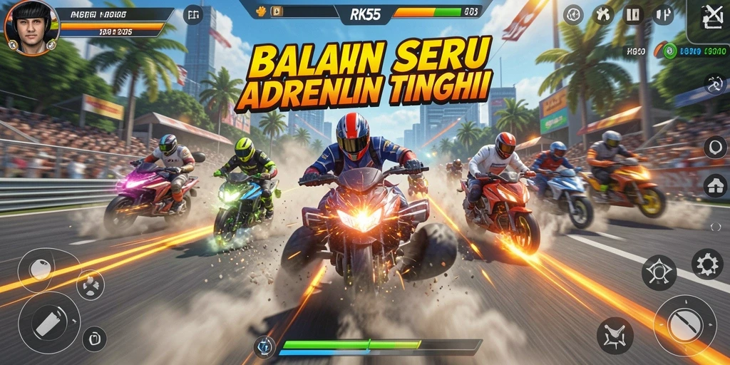 Tampilan gameplay seru RK55 dengan aksi balapan penuh adrenalin.