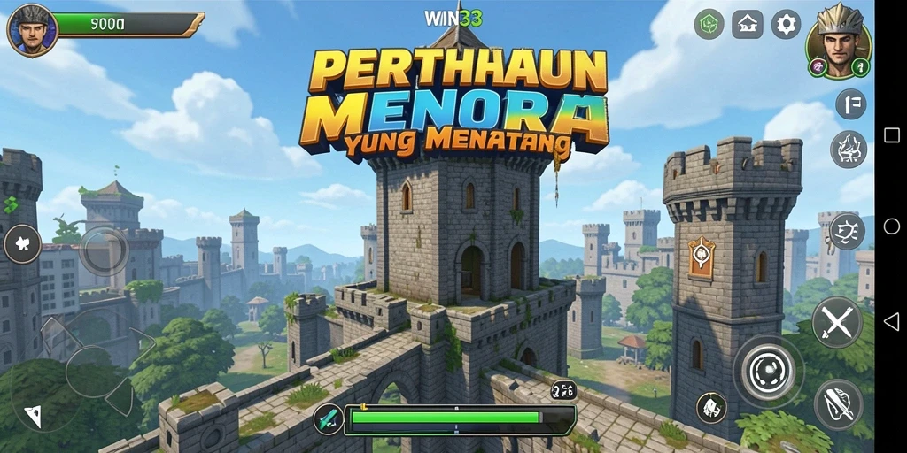 Tampilan gameplay WIN33 menampilkan menara yang berfungsi melawan gelombang musuh.